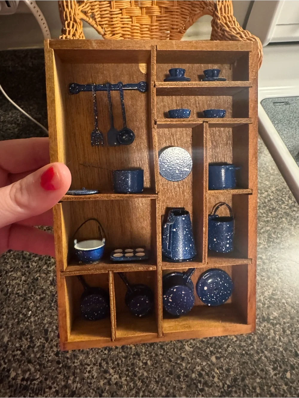 VTG Blue Speckled Miniature Kitchenware Display Shelf - Home Wall Decor